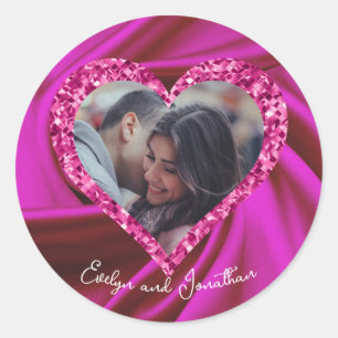 Heart Frame Custom Photo Fuschia Silk & Diamonds Classic Round Sticker