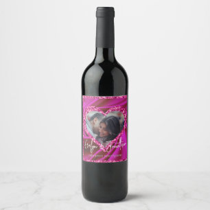 Heart Frame Custom Photo Fuschia Silk & Diamonds Wine Label