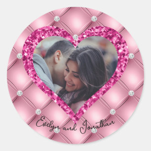 Heart Frame Custom Photo Pink Cushion & Diamonds Classic Round Sticker