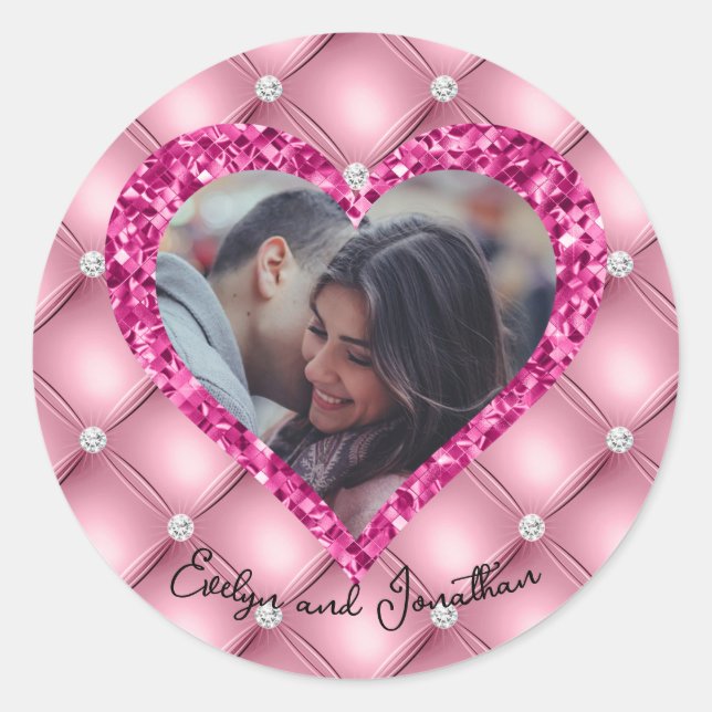 Heart Frame Custom Photo Pink Cushion & Diamonds Classic Round Sticker (Front)