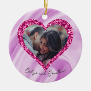 Heart Frame Custom Photo Pink Silk & Diamonds Ceramic Tree Decoration
