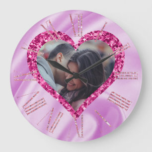 Heart Frame Custom Photo Pink Silk & Diamonds Large Clock