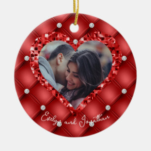 Heart Frame Custom Photo Red Cushion & Diamonds Ceramic Tree Decoration