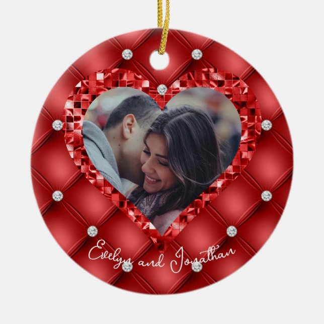 Heart Frame Custom Photo Red Cushion & Diamonds Ceramic Tree Decoration (Front)