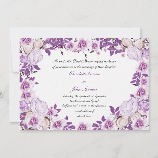Heart Frame Purple Lavender Roses Wedding Invitation (Front)