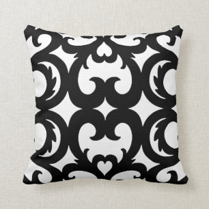 Heart Fretwork Scroll Pattern in Black and White Cushion