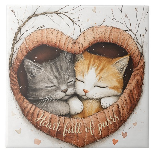 Heart Full of Purrs Cat Cuddles Illustration Art  Tile (Front)