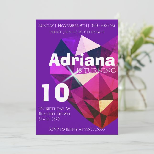 Heart Gemstone Purple 10th Birthday Invitation (Standing Front)