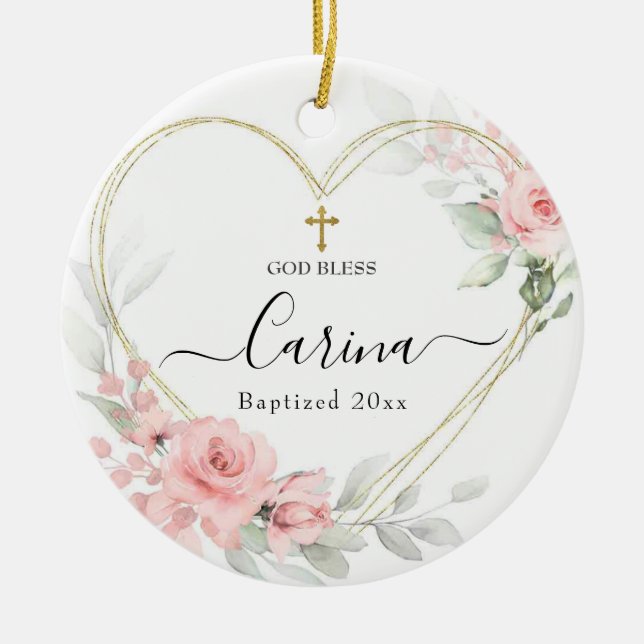 Heart Geometric Blush Pink Floral Baptised Ceramic Tree Decoration (Front)