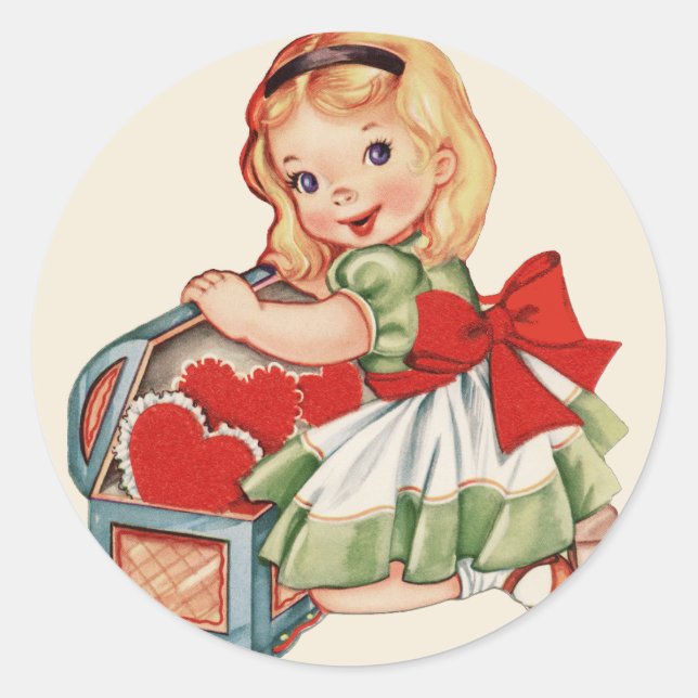 Heart Girl Child Retro Cute Children Classic Round Sticker (Front)