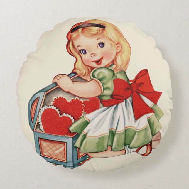 Heart Girl Child Retro Cute Children Round Cushion (Front)