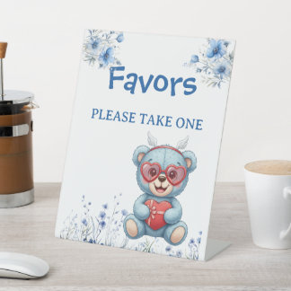 Heart Glasses Teddy Bear Blue Baby Shower  Pedestal Sign