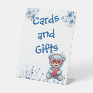 Heart Glasses Teddy Bear Blue Baby Shower  Pedestal Sign