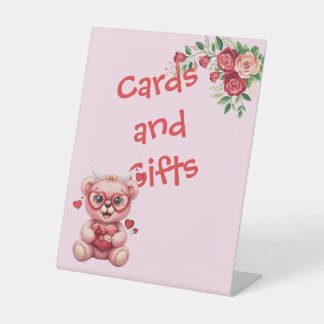 Heart Glasses Teddy Bear Pink Baby Shower  Pedestal Sign