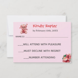 Heart Glasses Teddy Bear Pink Baby Shower RSVP Card