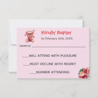 Heart Glasses Teddy Bear Pink Baby Shower  RSVP Card