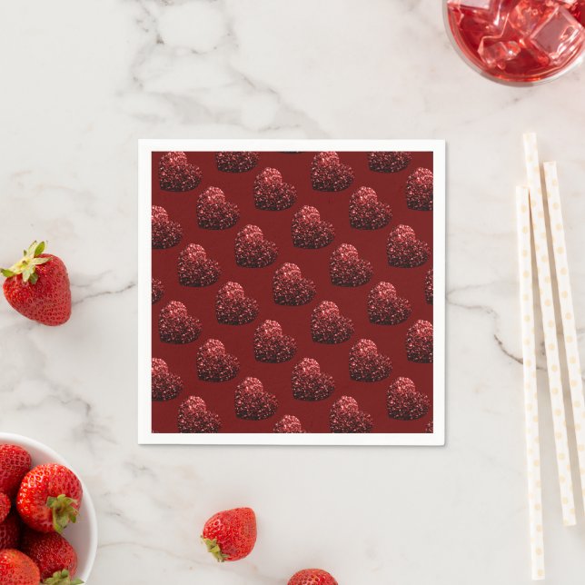 Heart glitter sparkles pattern dark red Valentines Napkin (Insitu)