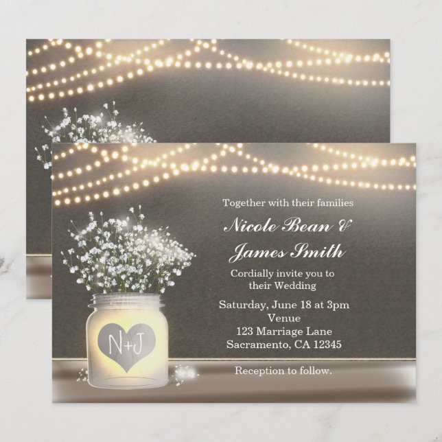 Heart Glowing Mason Jar & Baby's Breath Invitation (Front/Back)