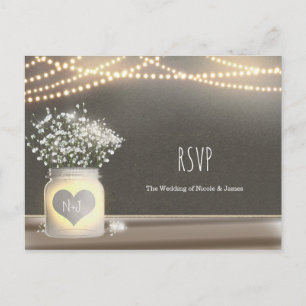Heart Glowing Mason Jar & Baby's Breath RSVP Invitation Postcard