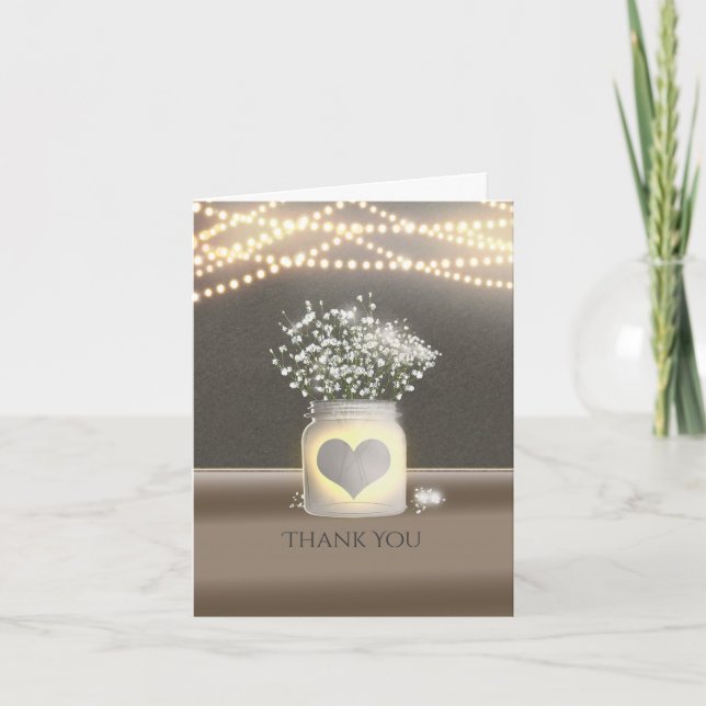 Heart Glowing Mason Jar & Baby's Breath Thank You Card (Front)