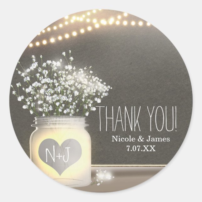 Heart Glowing Mason Jar & Baby's Breath Wedding Classic Round Sticker (Front)