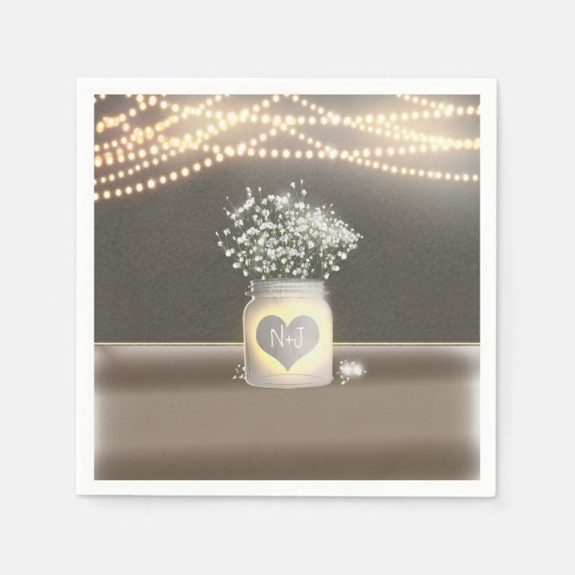 Heart Glowing Mason Jar & Baby's Breath Wedding Napkin (Front)