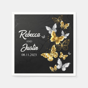 Heart Gold Butterflies Black Modern Boho Napkin