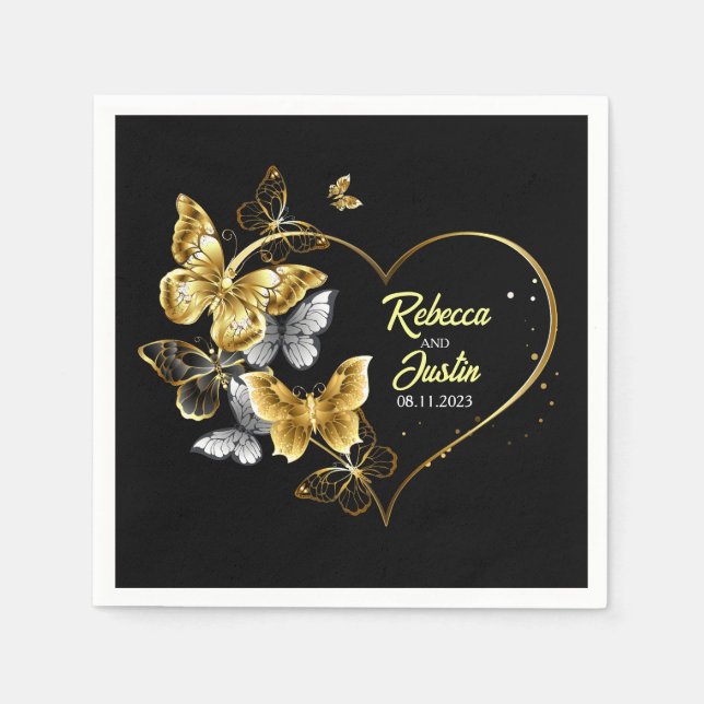 Heart Gold Butterflies Black Modern Boho Napkin (Front)