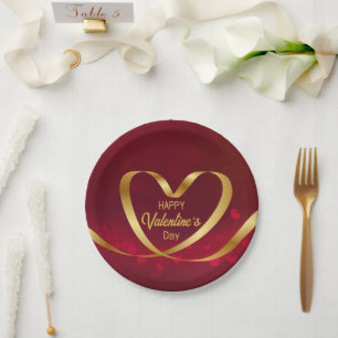 Heart Gold Ribbon Happy Valentine's Day Red Paper Plate