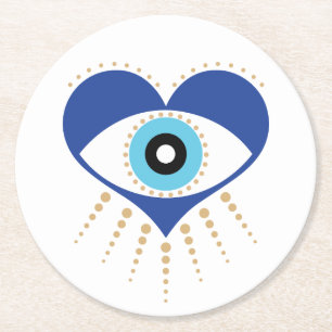 Heart Greek Evil Eye Round Paper Coaster
