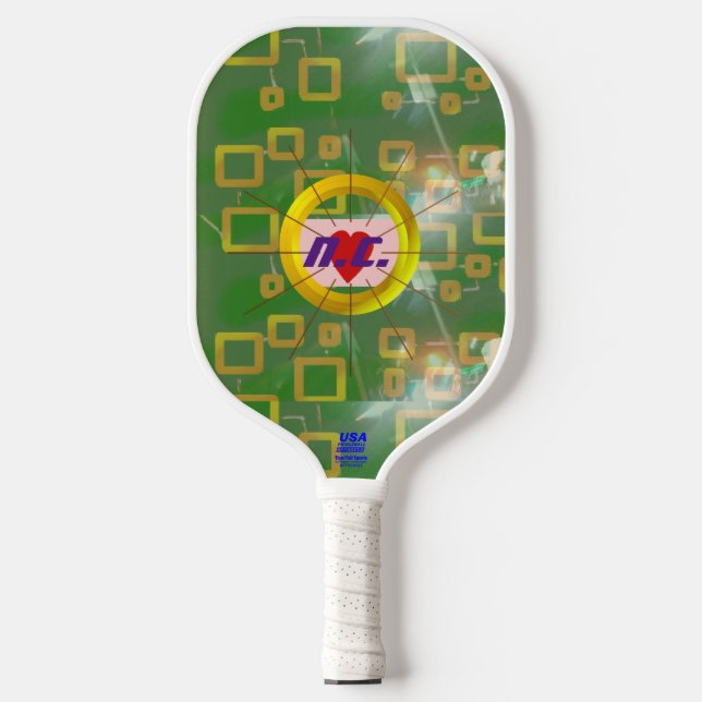 Heart Green Squares Geometric Pickleball Paddle (Front)