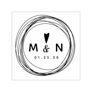 Heart Hand Drawn Rings Circular Heart Couples Name Self-inking Stamp
