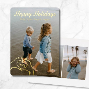 Heart Hands Custom Family Photo 3 Vertical Gold Foil Holiday Card