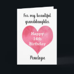 Heart Happy 14th Birthday for Granddaughter Card<br><div class="desc">A pink watercolor heart featured on the front of this happy 14th granddaughter birthday card,  which you can easily personalize with her name. Inside this 14th birthday card reads a birthday message for her,  but you can also personalize if wanted. There is a happy birthday message on the back.</div>