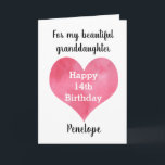 Heart Happy 14th Birthday for Granddaughter Card<br><div class="desc">A pink watercolor heart featured on the front of this happy 14th granddaughter birthday card,  which you can easily personalise with her name. Inside this 14th birthday card reads a birthday message for her,  but you can also personalise if wanted. There is a happy birthday message on the back.</div>