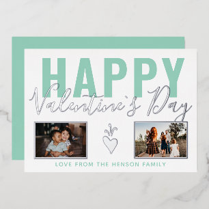 Heart Happy Valentine`s Day Script 2 Photo Collage Foil Holiday Card