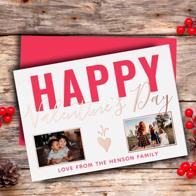 Heart Happy Valentine`s Day Script 2 Photo Collage Foil Holiday Card (Creator Uploaded)