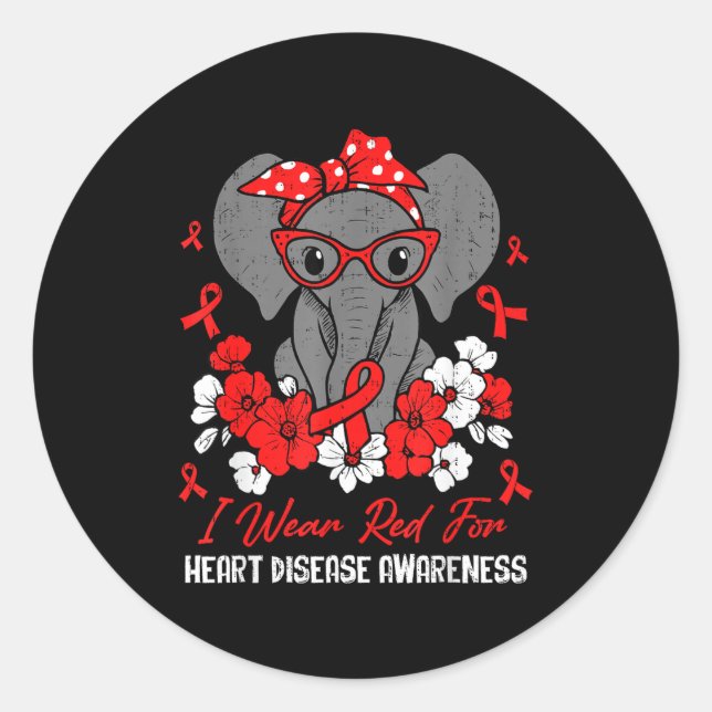 Heart Health Elephant Red Ribbon Heart Disease Awa Classic Round Sticker (Front)