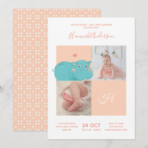 Heart Hippo • Alphabet Monogram Cute Baby Shower Invitation