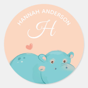 Heart Hippo• Alphabet Monogram Cute School Daycare Classic Round Sticker