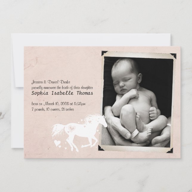 Heart Horse Baby Girl Birth Announcement (Front)