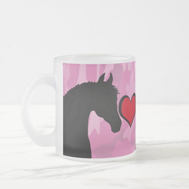 Heart Horse (pink camo) Frosted Glass Coffee Mug (Left)