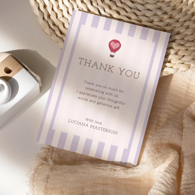 Heart Hot Air Balloon Pastel Purple Baby Shower  Thank You Card (Creator Uploaded)