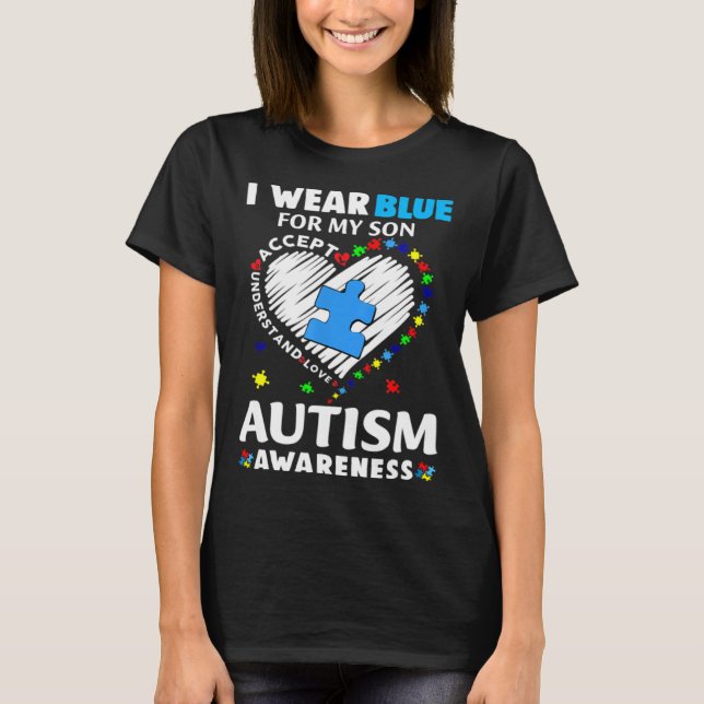 Heart I Wear Blue For My Son Puzzle Autism Awarene T-Shirt (Front)