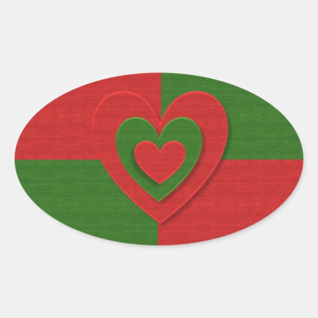 Heart in Christmas Colours Red Green Felting Look Oval Sticker (Front)