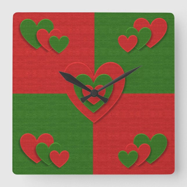 Heart in Christmas Colours Red Green Felting Look Square Wall Clock (Front)