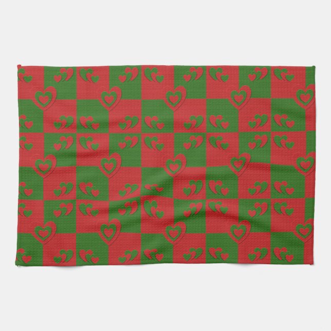 Heart in Christmas Colours Red Green Felting Look Tea Towel (Horizontal)