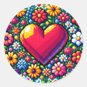 Heart in Flowers Pixel Art  Classic Round Sticker