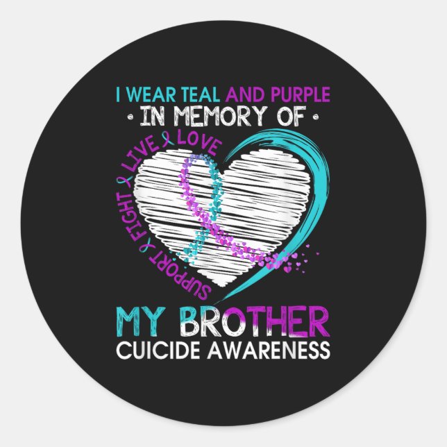 Heart In Memory Of My Brother Suicide Awareness Pr Classic Round Sticker (Front)