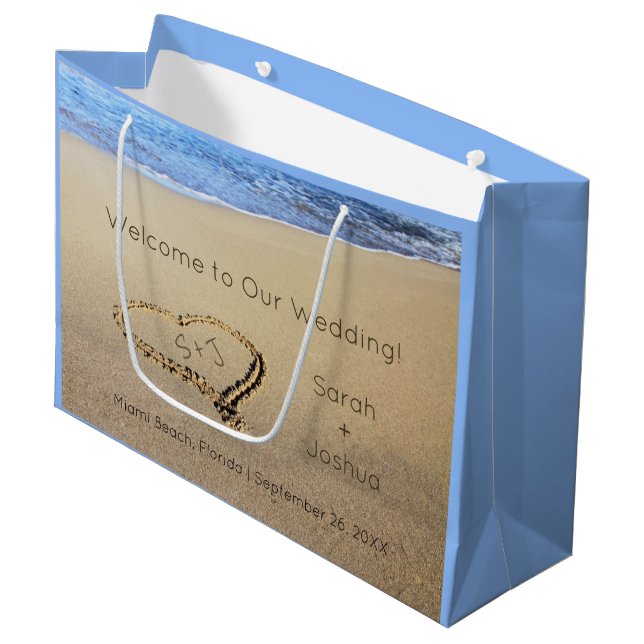 Heart in Sand Beach Destination Wedding Welcome Large Gift Bag (Front Angled)